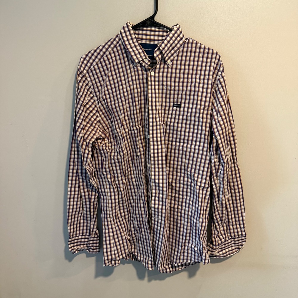 Faconnable Club Mens Medium Purple Gold Check Plaid Cotton Button Down Shirt